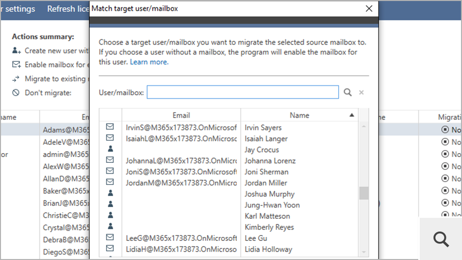 Source mailboxes can also be matched with their target equivalents manually, at any point before starting the migration. This feature lets you, e.g., cross-match source primary mailboxes with target archive mailboxes (and the other way around).