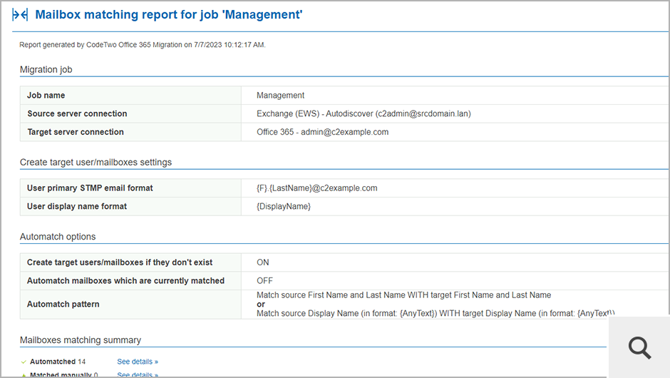 You can also generate a detailed HTML report that shows the result of the matching process and informs what actions have been performed. The report also includes information about the selected settings for the Automatch option.