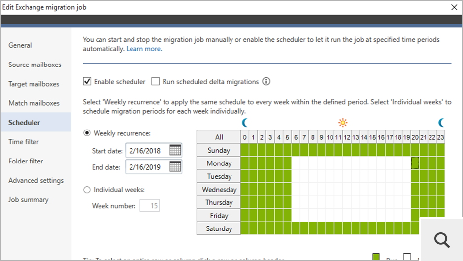 The migration process can also be completely automated by using a built-in scheduler. This feature will start and stop your job at certain days and times or run recurring delta migrations.
