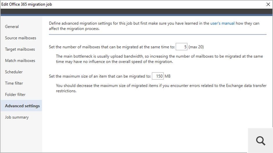 In the Advanced settings step, you can adjust the number of concurrent migration processes carried out at a time and the maximum size of migrated items.