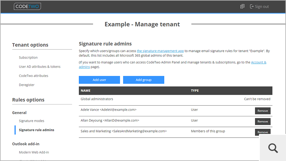You can choose users or teams that can access and manage email signature rules for your Office 365 (Microsoft 365) tenant. As a result, the marketing team can design email signatures and manage email campaigns, while the IT department handles administrative tasks.