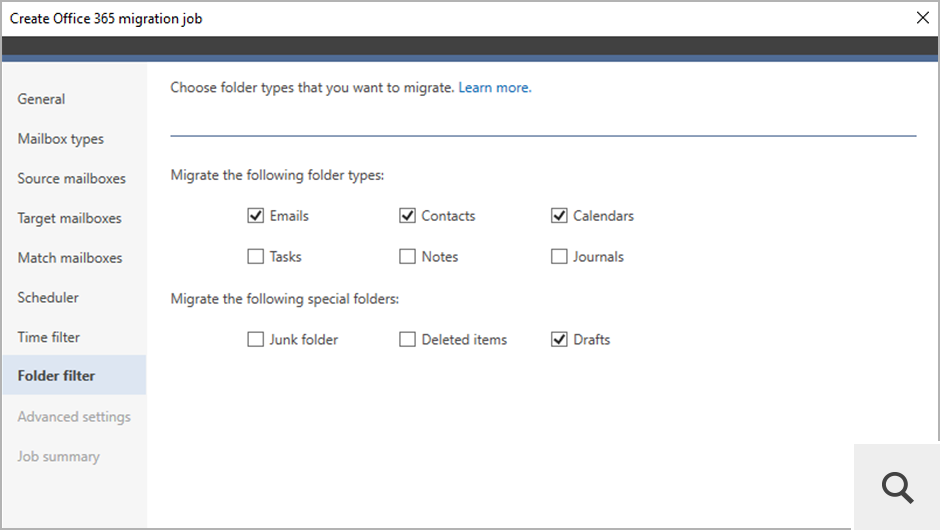 The Folder filter step allows you exclude certain types of items from being migrated, e.g. Junk Email or Deleted items.