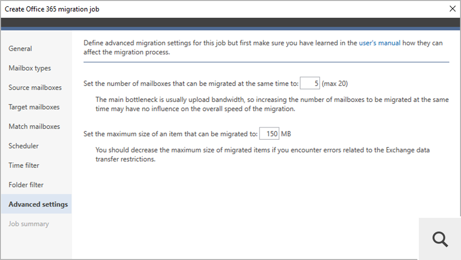 In the Advanced settings step, you can adjust the number of concurrent migration processes carried out at a time and the maximum size of migrated items.