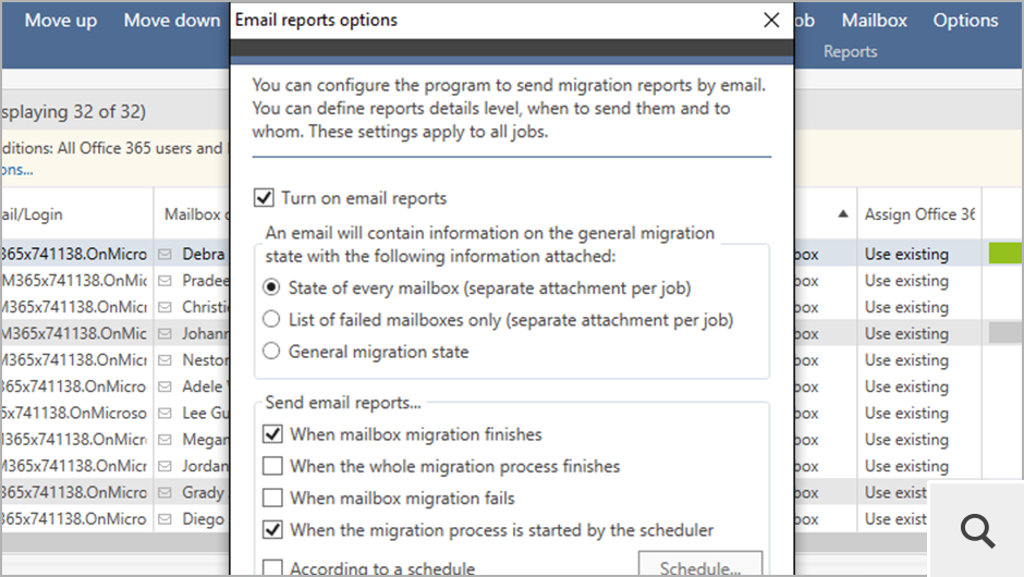 You can receive reports on the progress of the migration process by email. The reports can be tailored to your needs.