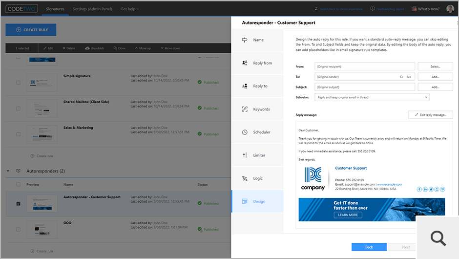 CodeTwo Email Signatures 365 also includes the Autoresponder feature that lets you create and manage auto replies and OOF messages for all users in your organization.