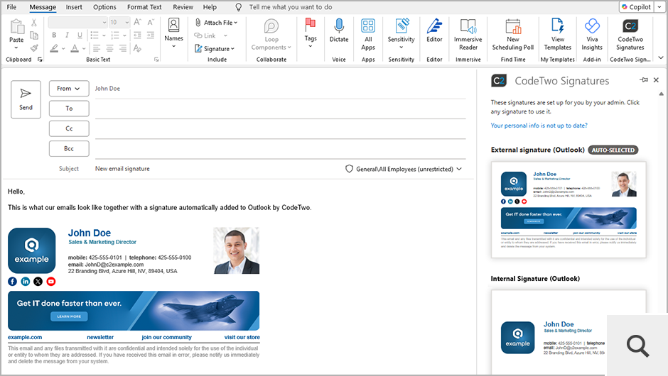 CodeTwo automatically adds signatures either in the cloud (after an email is sent) or directly in Outlook (desktop, mobile & OWA), via a dedicated add-in, as users compose their emails.