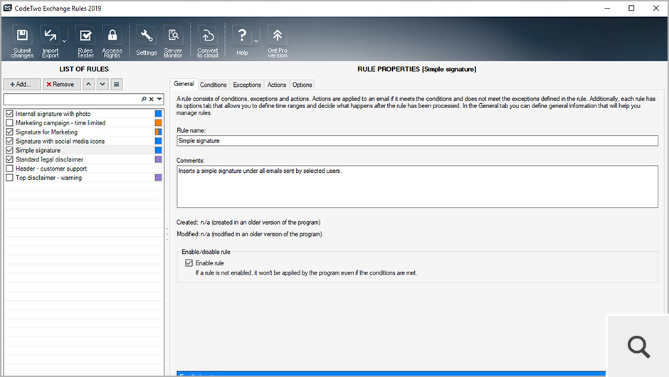 This is the main window of the program. Here you can, i.e. create new rules, enable or disable them or you can check when the rule was created or modified and who made that change.