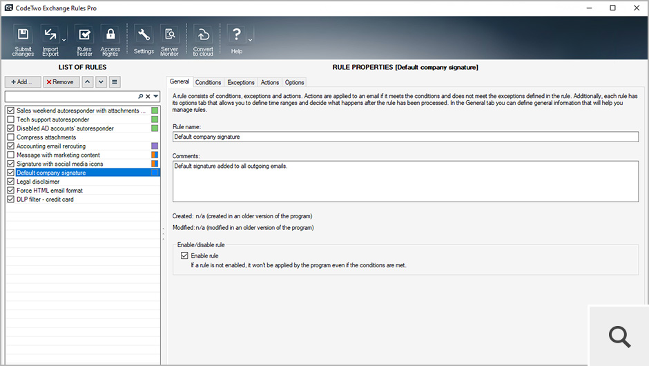The main window of the Administration Panel contains the navigation pane (top menu), the list of rules and rules properties. Every option is easily accessible and stay always at hand.