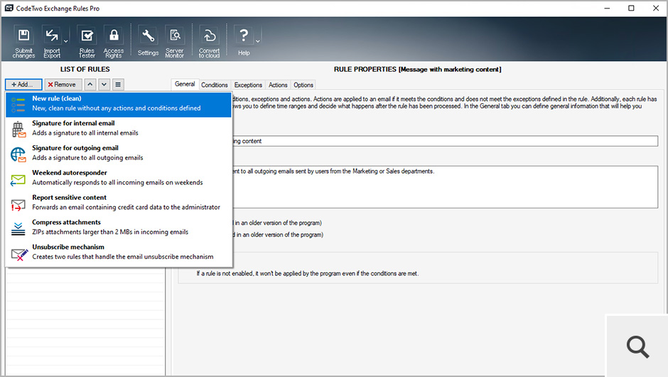 Creating a new rule is very simple. Pressing the Add… button will give you a few possibilities. You can either begin creating your own rule from scratch or use one of the predefined shortcuts to popular rule types.
