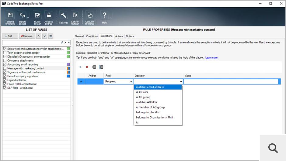 The Exceptions tab lets you define criteria that prevent the program from applying a rule. It works analogically to the Conditions builder.