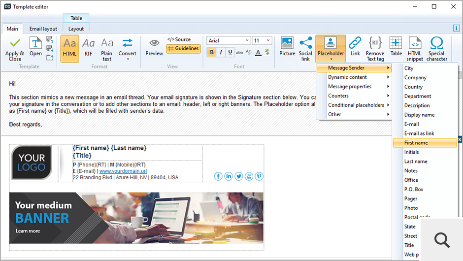 The template editor allows you to design email signatures and disclaimers that can appear anywhere in the message body (header, footer, side panes) and can contain dynamic content, such as Active Directory properties, counters, paths to shared folders etc. You can edit templates in HTML, RTF and plain text formats.