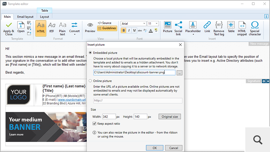 The template editor lets you also easily insert graphics into signature, disclaimer and auto-reply templates. The picture can be anything from logos to social icons. It is even possible to automatically add individual user photos to every outgoing email by using the dynamic {Photo} placeholder. What’s more, each graphic will be inserted inline into the message body. Not as attachment!