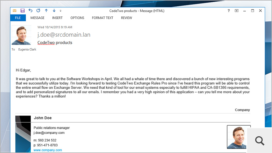 Although the signatures can be managed for the entire organization from one place, they contain users’ personalized data that is pulled from Active Directory.