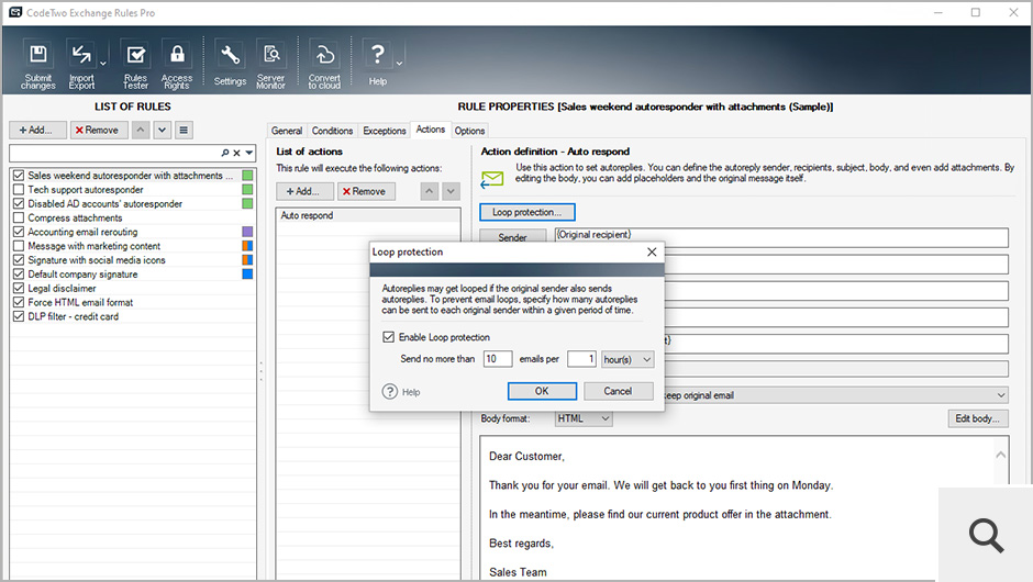 The auto-responder feature contains also a Loop protector, to prevent so called ‘message wars’ between servers.