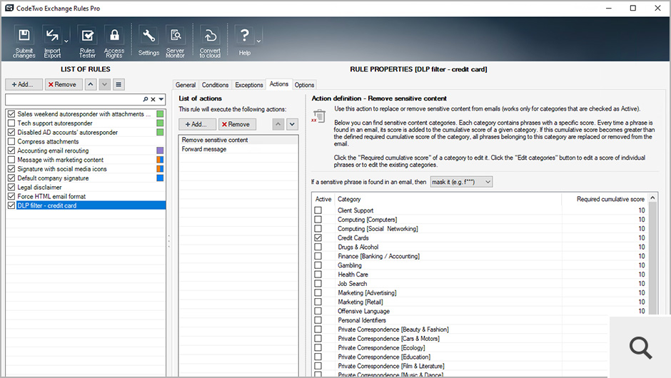 The program also features an advanced DLP filter that can be used to protect sensitive data in your organization. It is based on a number of dictionaries containing phrases with assigned scores.