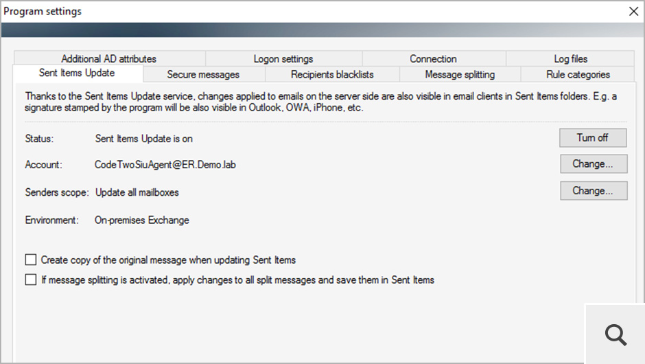 Once the Sent Items Update service has been configured, you can manage it under Sent Items Update tab in the program settings.