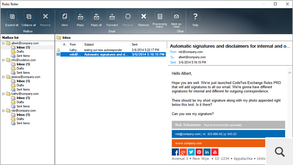 A careful IT administrator always tests settings before they go live. The Rules Tester that’s incorporated in CodeTwo Exchange Rules Pro will help you check if rules you created work the way you want, before you submit them to servers.