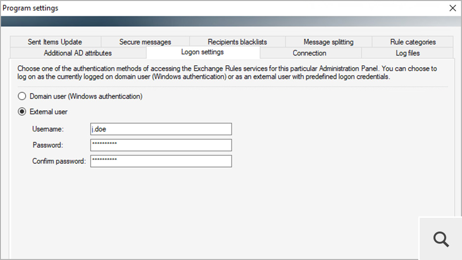 The settings window lets you also set logon options for this particular installation of the Administration panel. You either use the domain Windows authentication, or create an external account for external users.