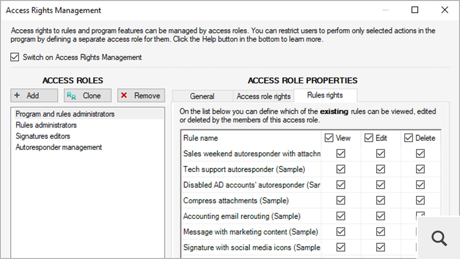 The Administration Panel can be also used by people from outside of the IT department. For instance, the IT administrator can give access rights to signature rules to the Marketing team, so that they can edit the signature templates and email marketing banners all by themselves without accessing any other resources on the server.