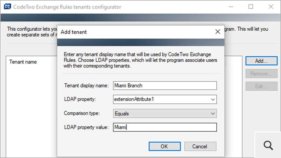 One of the most important features introduced in CodeTwo Exchange Rules Pro is support for multi-tenant environments. The built-in Tenant wizard lets you define LDAP properties that will be used by the program to distribute rules to the correct tenants.