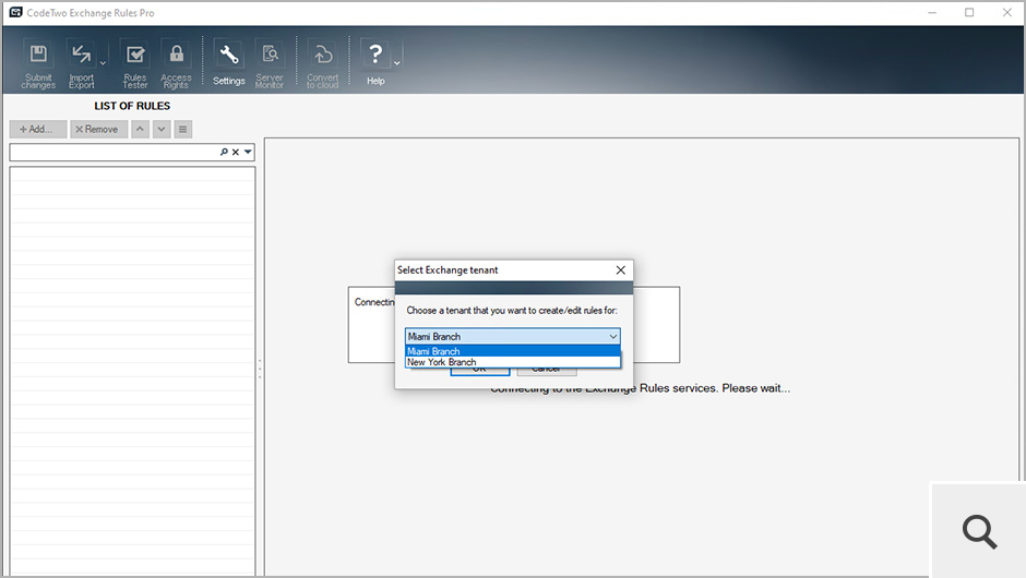 Once the tenant properties are configured in the Tenant configurator, the administrator can choose to which environment the Administration panel should connect. Rules he or she creates in such view will only apply to users that have the correct value filled out in the previously defined LDAP property.