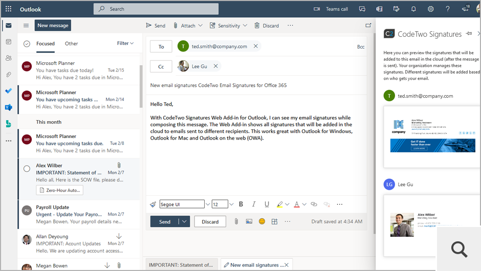 End users can preview their server-side (cloud) signatures in real time in Outlook, Outlook on the web (OWA) and Outlook for Mac by using the modern Web Add-in, which can be deployed centrally from the Microsoft 365 admin center.