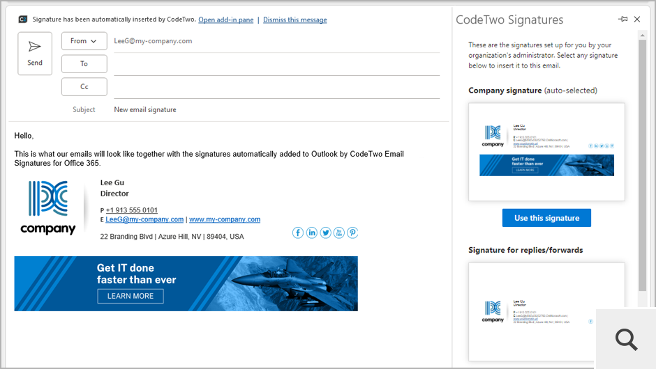 In client-side mode, signatures are made available to users in Outlook via a dedicated add-in. Email signatures are inserted to emails automatically by the program but can be manually selected by users as well.