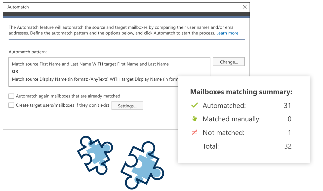 CodeTwo Office 365 Migration automatically matches mailboxes