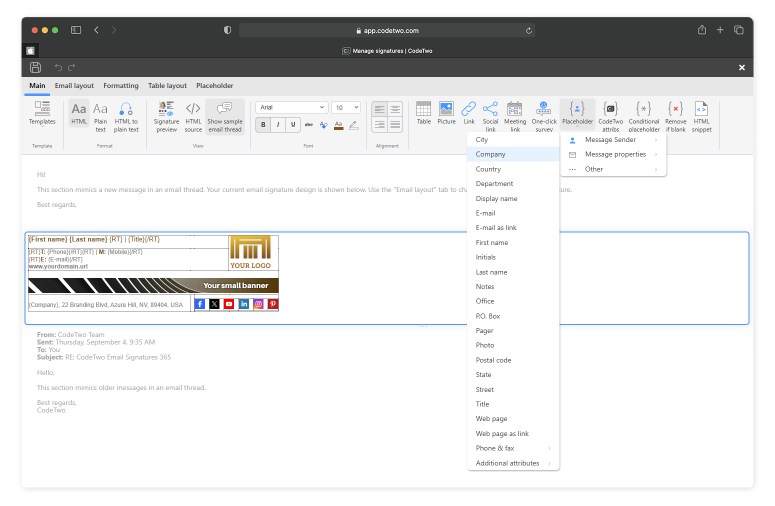 CodeTwo web editor showing a signature template with placeholders and the directory attribute menu