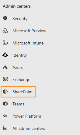 Opening the SharePoint admin center.