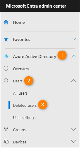 Opening the list of recently deleted users in the Microsoft Entra admin center.