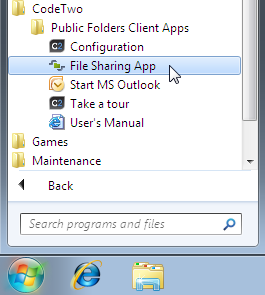 Launching File Share App from Windows Start menu.