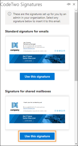 The available Outlook (client-side) signatures are displayed in the CodeTwo Signatures pane in Outlook and OWA.