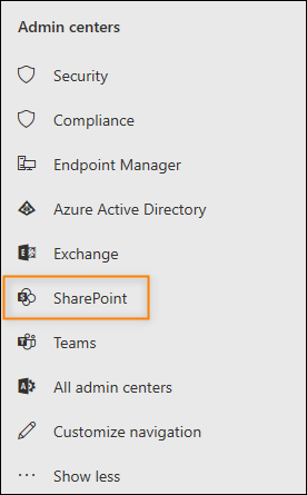 Opening the SharePoint admin center.