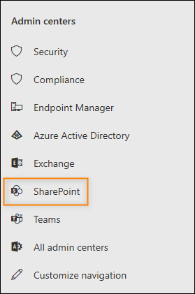 Opening the SharePoint admin center.