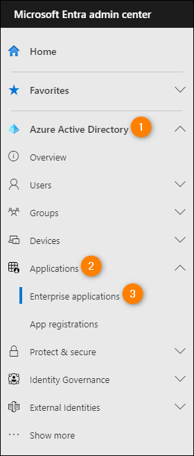 Accessing the enterprise applications list in the Microsoft Entra admin center.