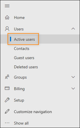 Accessing Active users page in the Microsoft 365 admin center.
