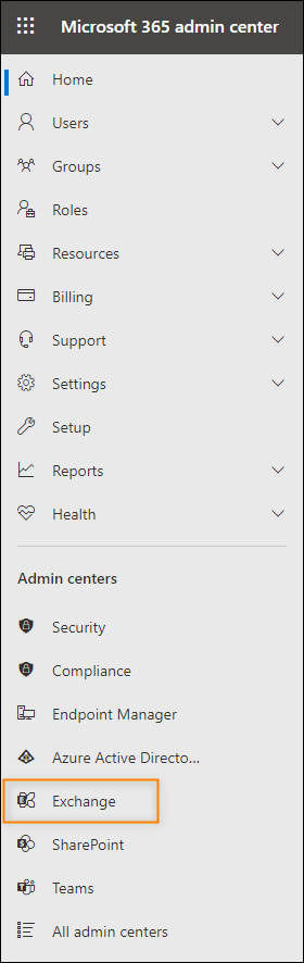 Accessing the Exchange admin center from the Microsoft 365 admin center.