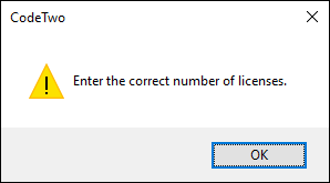 An error message reporting wrong number of seats for the given license key.