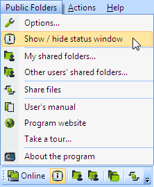 The synchronization status window can be displayed or hidden at any time by choosing the corresponding command from the Public Folders menu or from the CodeTwo Public Folders toolbar.