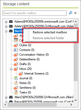 Backup Exchange restore options menu