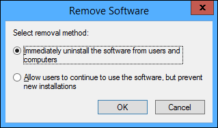 Choosing the option to uninstall software package immediately in GPO.
