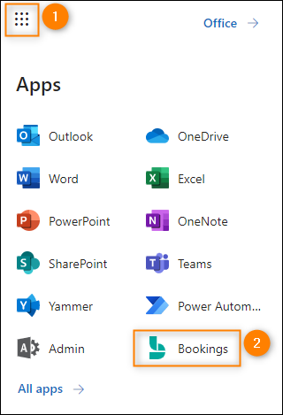 Accessing Microsoft Bookings from the app launcher in Microsoft 365.