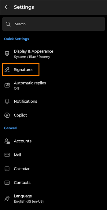 Accessing the email signature settings in Outlook for Android.