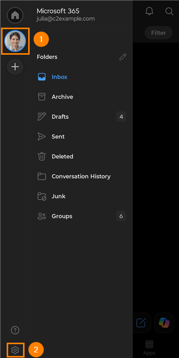 Accessing the mobile email app settings.