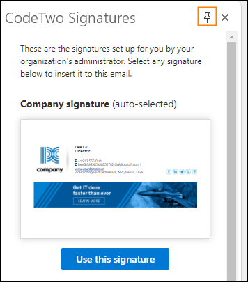 Use this button to pin/unpin the Web Add-in's pane in Outlook.