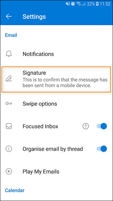 Locating the email signature settings in Outlook for Android.