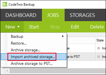 Backup create import archive job from Jobs tab
