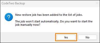 Starting a new restore job from the notification window.