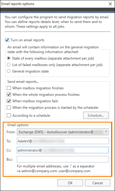 Specifying the recipients of email reports.
